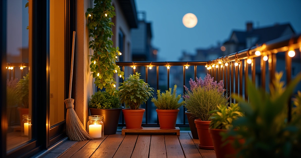 Pequena varanda com plantas mágicas iluminadas por luz suave à noite