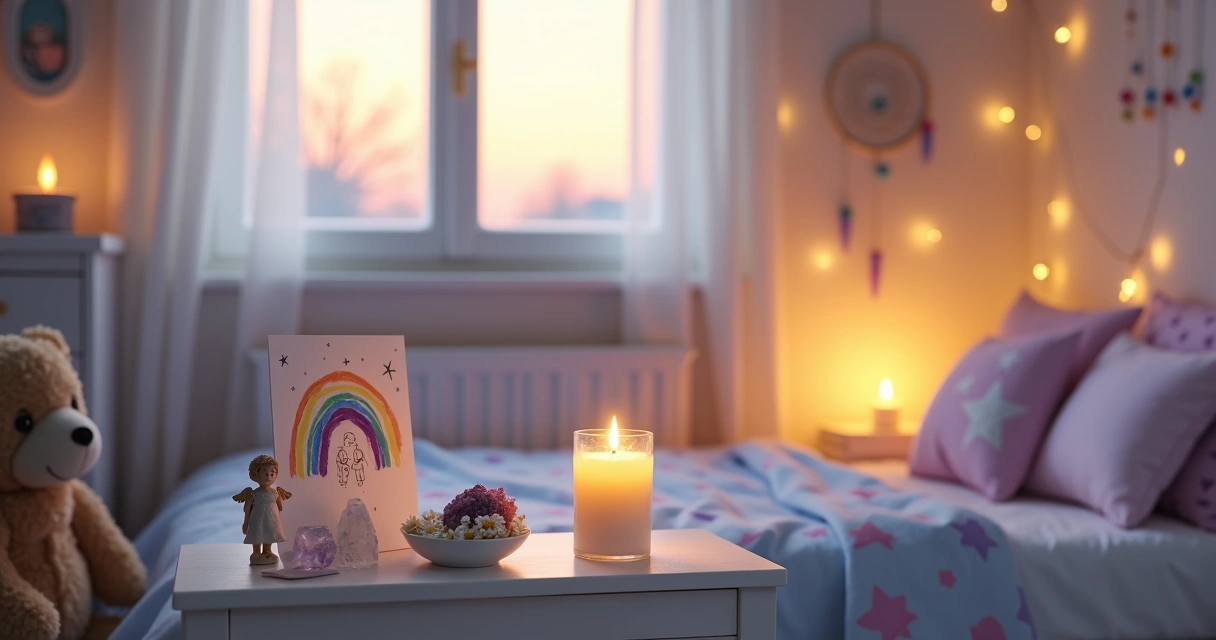 Altar de proteção infantil com velas e cristais em quarto de criança
