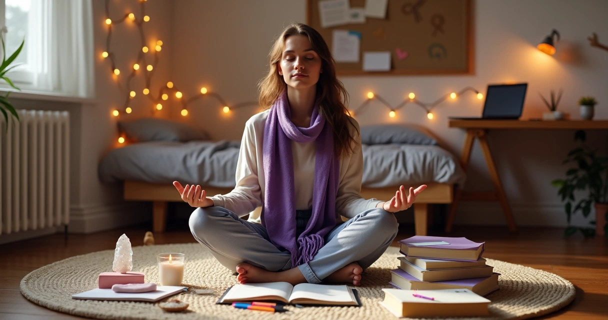 Estudante sobre tapete meditando com objetos de estudo e amuletos energéticos ao redor