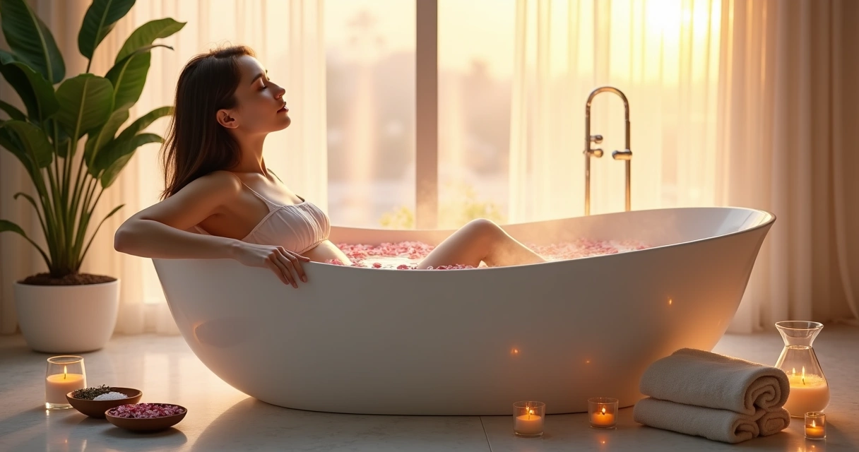 Mulher relaxa em banheira com ervas e luz suave perto da janela ao entardecer