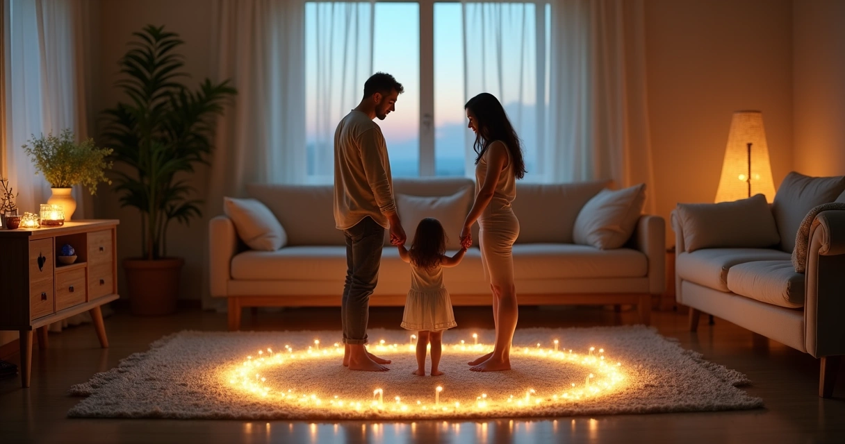 Família em círculo unida com aura de luz suave ao redor