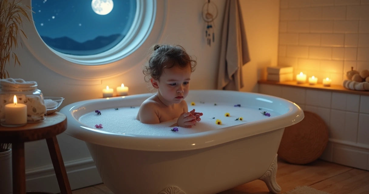Criança pequena em banho noturno tranquilo com luz suave e lua ao fundo