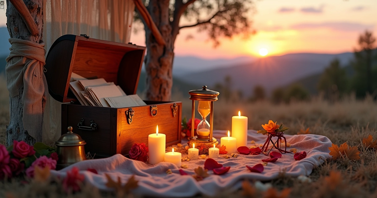 Altar cigano colorido com velas acesas ao pôr do sol