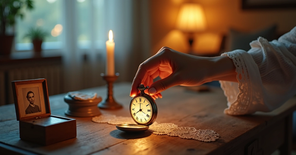 Mão segurando objeto antigo com aura de luz sutil em sala suave