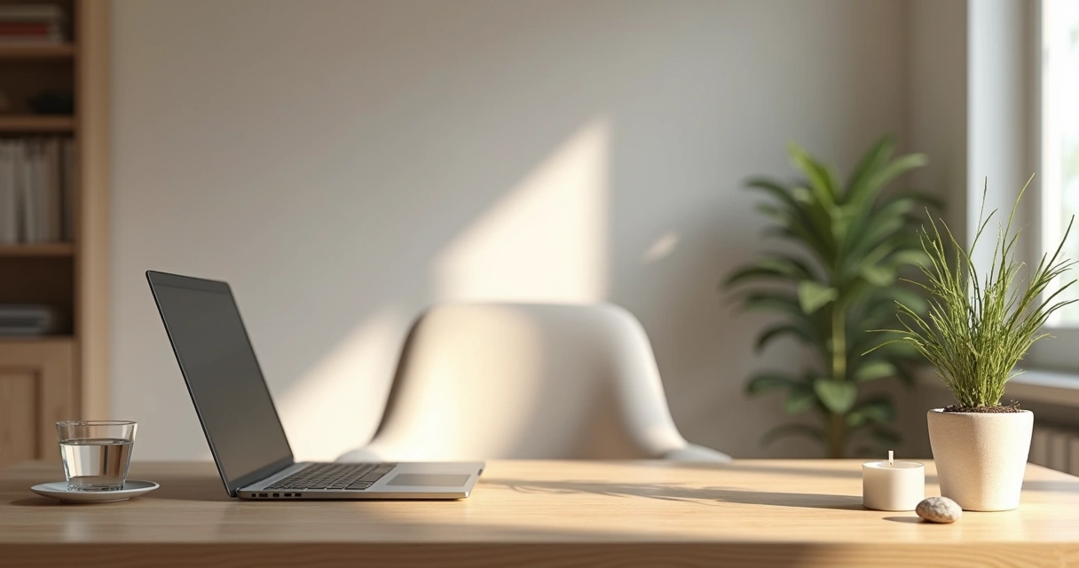 Mesa de home office organizada com pequeno ritual discreto de proteção energética