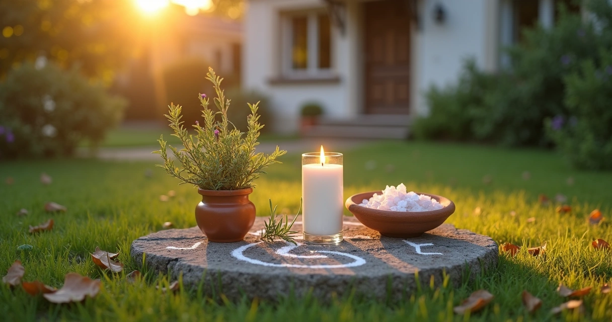 Vela acesa em jardim com ervas de proteção ao lado de casa ao fundo