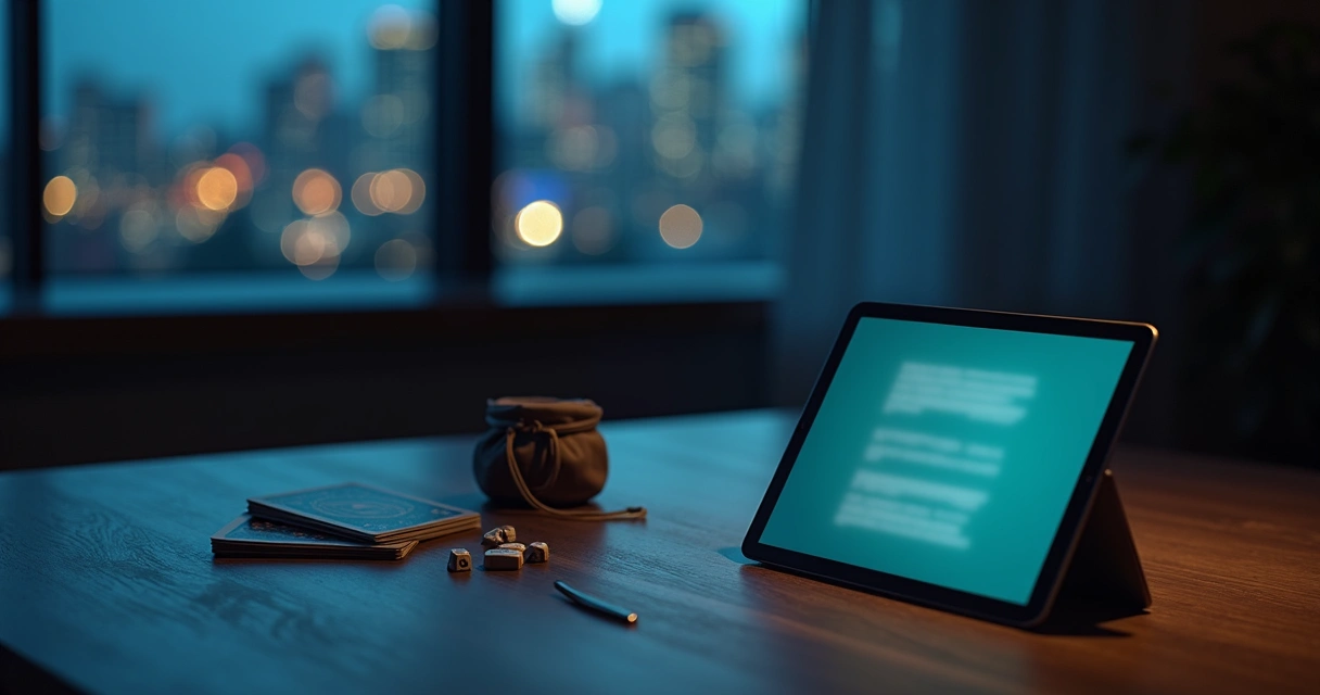 Mesa com diferentes oráculos iluminada por tablet em ambiente escuro