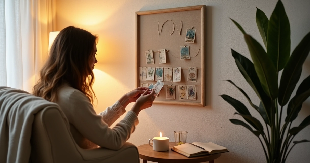Mulher organiza cartas mensais de tarot em um calendário espiritual na parede