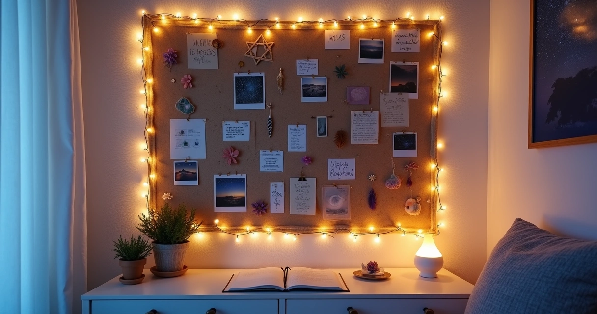 Mural de energia com fotos e símbolos iluminado por luz suave, voltado à projeção de sonhos lúcidos