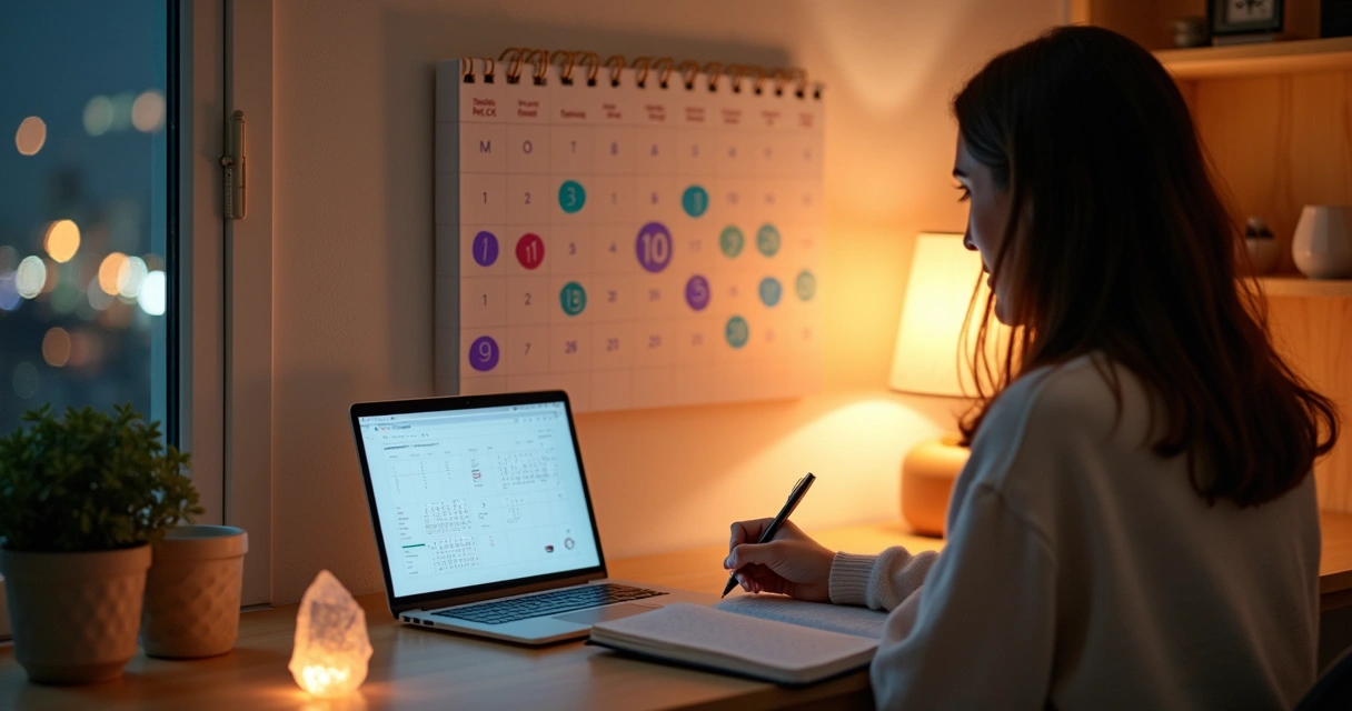 Mulher anotando metas em frente a calendário com números em destaque