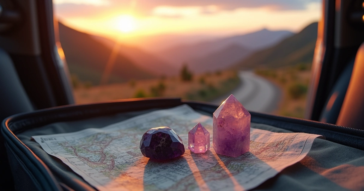 Pedras de proteção apoiadas sobre mala aberta durante viagem de carro ao pôr do sol