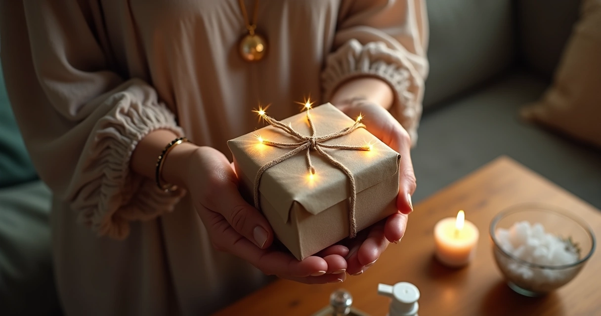 Mãos femininas avaliando um presente pequeno com aura escura e clara ao redor