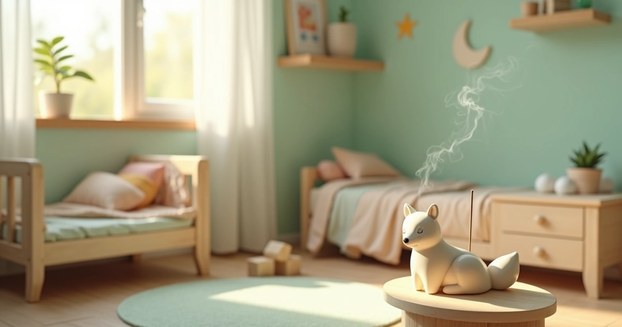 Quarto infantil aconchegante com incenso aceso próximo a janela aberta