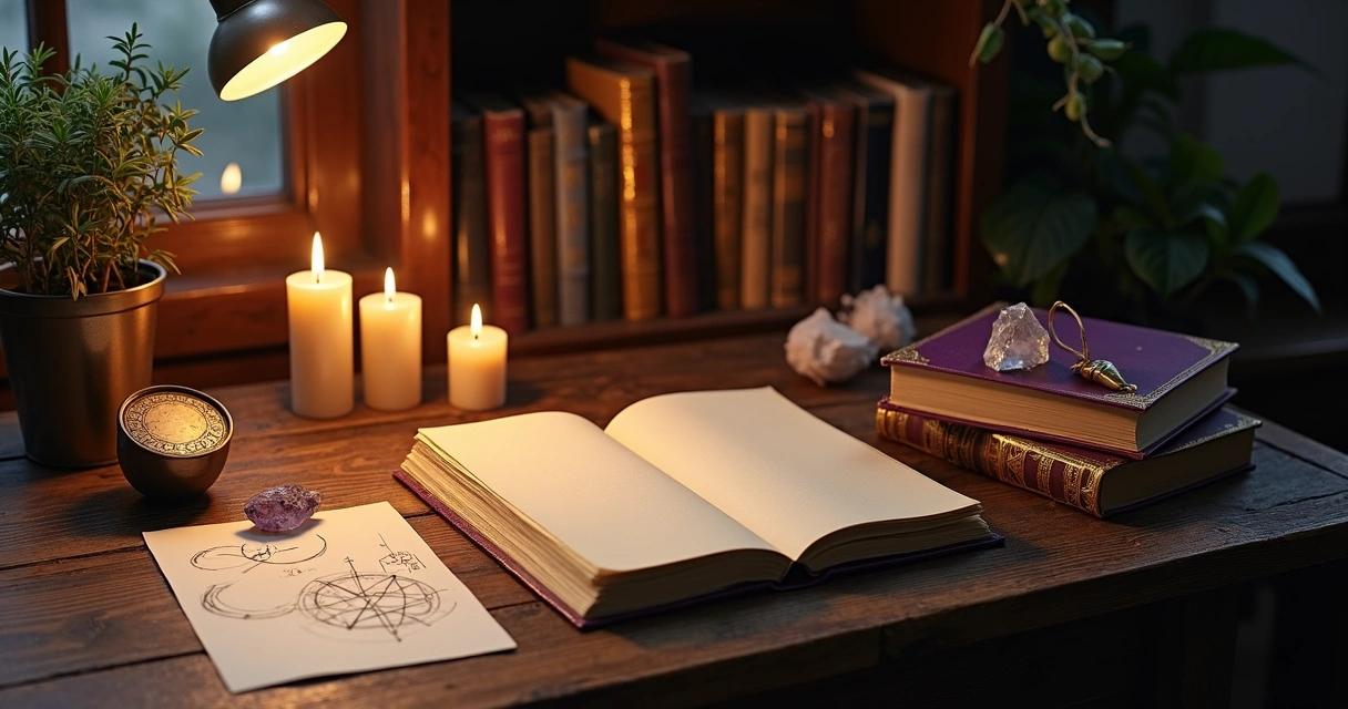 Mesa com livros e cadernos cercados por velas e símbolos esotéricos