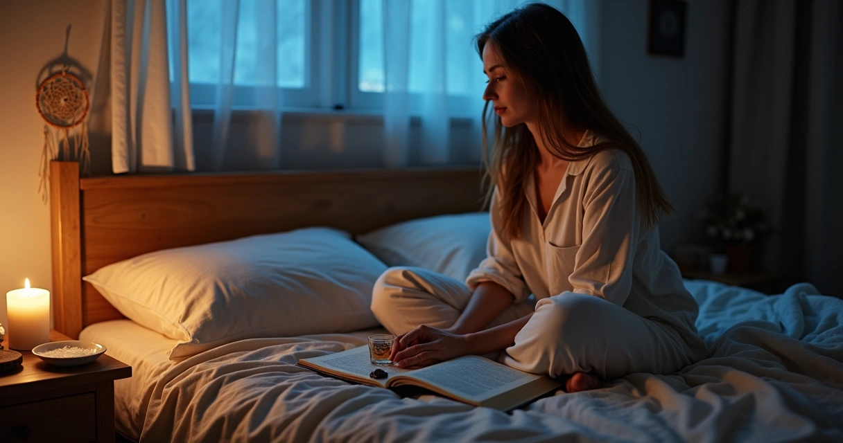Mulher em cama ajeitando pequenos cristais sobre livro de orações à meia-luz