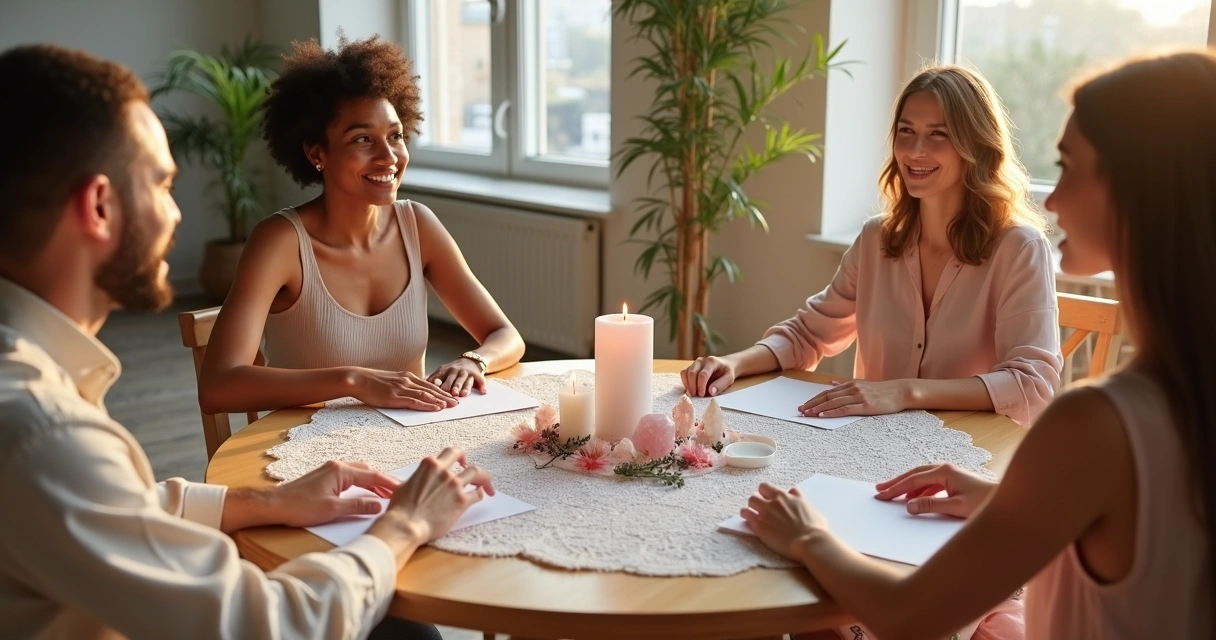 Grupo em mesa redonda fazendo ritual com velas e cristais