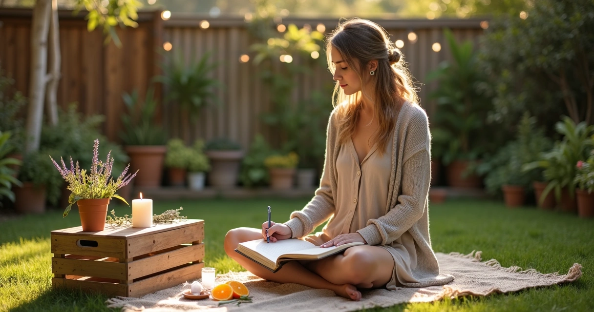 Mulher em quintal verde escrevendo ritual de agradecimento em caderno