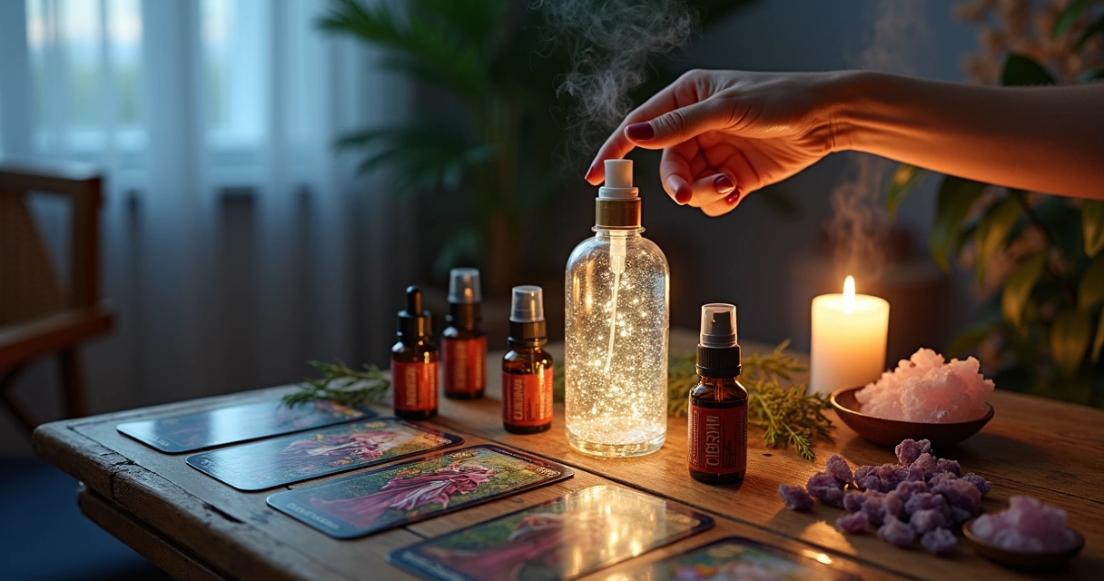 Mesa com tarot e frascos de aromaterapia sendo usados para preparar spray energético