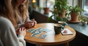 Jovem mistura cartas de tarot em cafeteria moderna enquanto avalia nova amizade