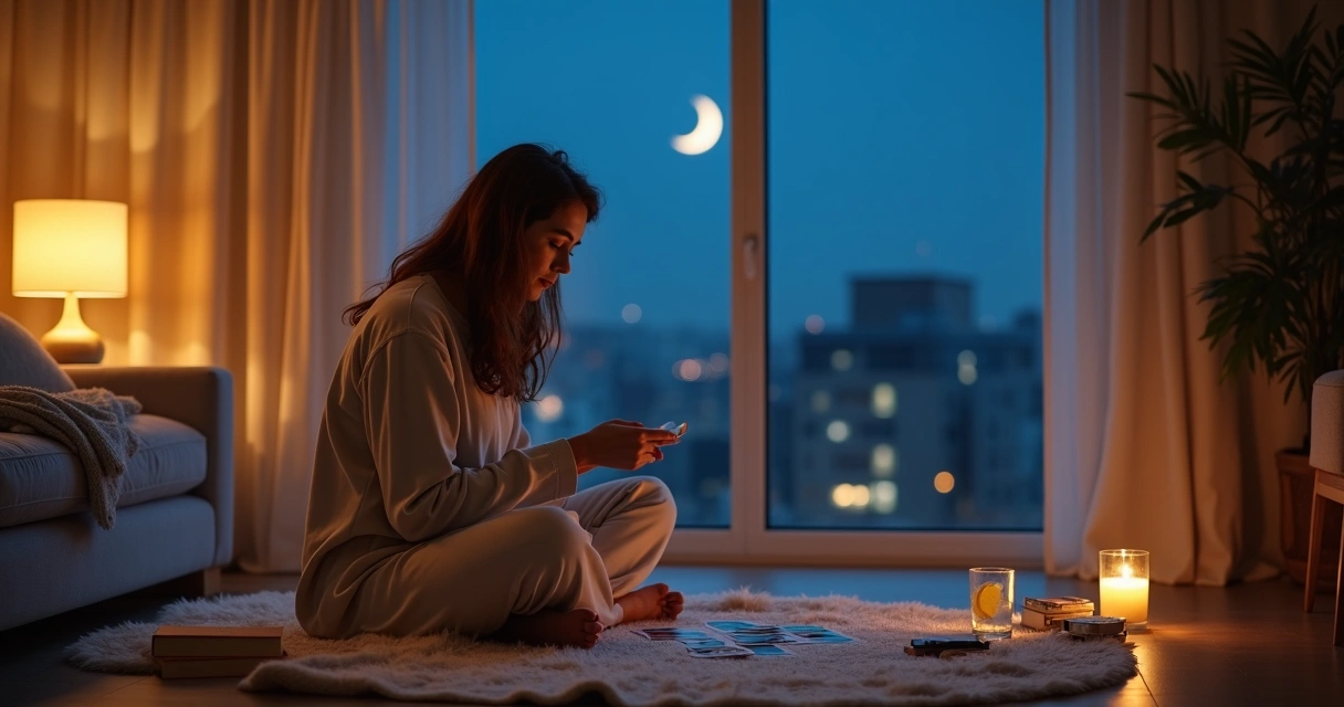 Mulher embaralhando tarot sentada no chão perto da janela à noite