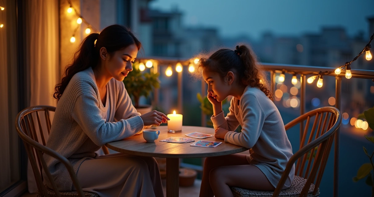 Mãe e filha jovens fazem leitura de tarot juntas em sacada à noite com cidade ao fundo