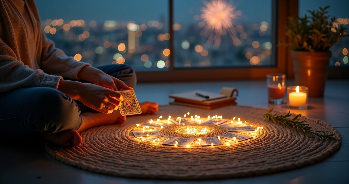 Pessoa em varanda noturna organizando cartas de tarot sobre círculo luminoso no chão