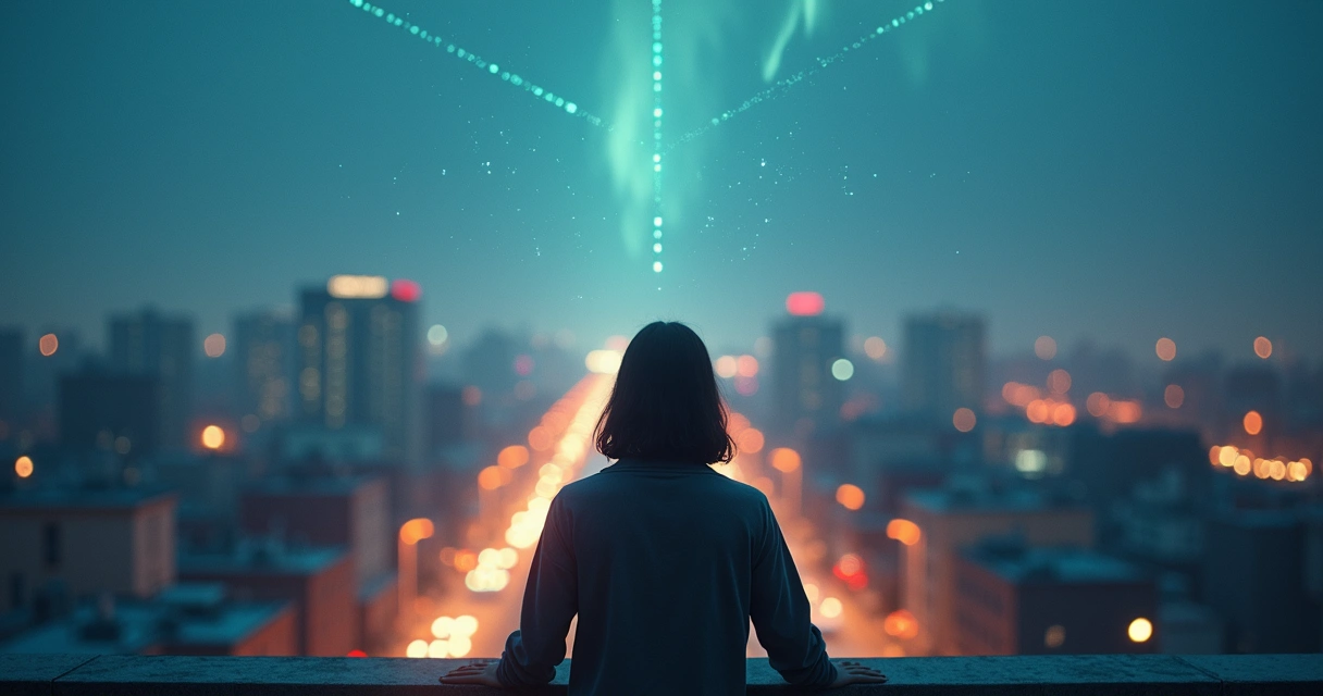 Pessoa em cidade noturna com aura luminosa observando sinais de energia no céu