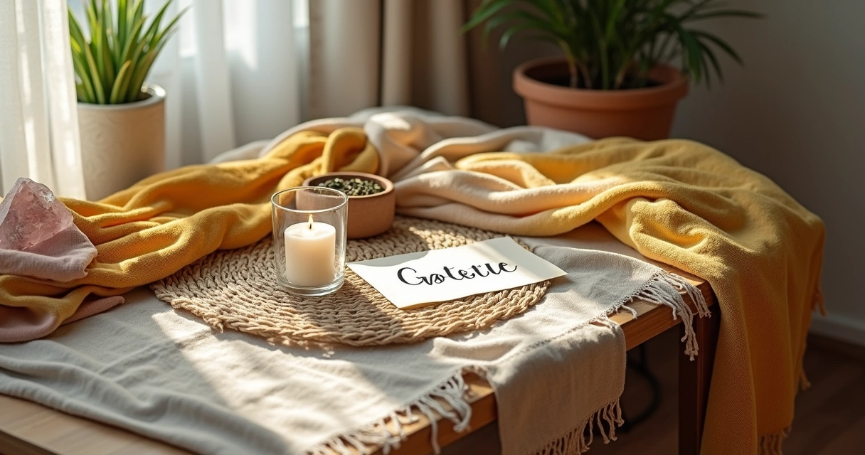 Altar de gratidão com tecidos coloridos iluminado por luz natural suave