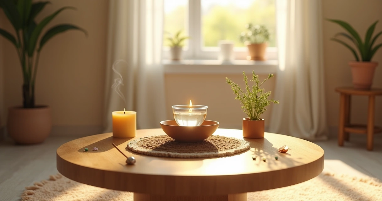 Altar com símbolos dos quatro elementos em sala clara e harmônica