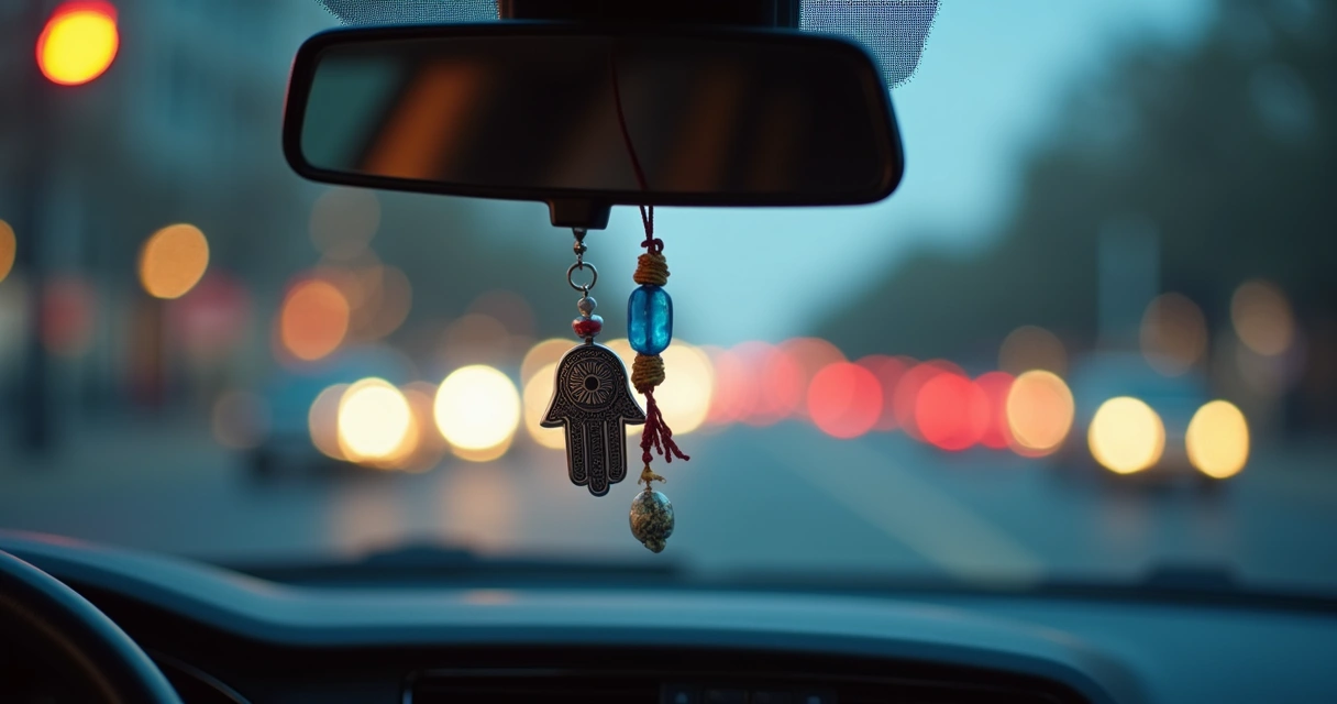 Amuleto de proteção pendurado no retrovisor interno de um carro em movimento noturno