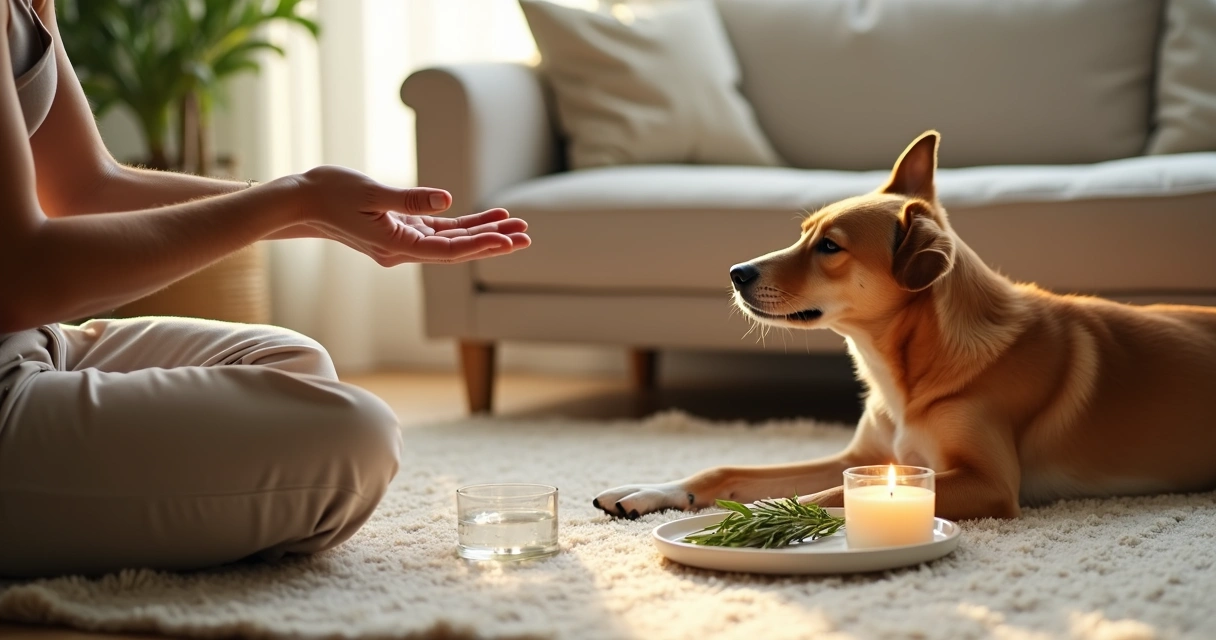 Pessoa benzendo cachorro em sala iluminada com vela e ervas