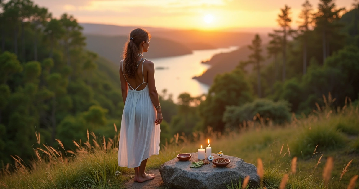 Mulher contemplando a natureza enquanto acende vela em oferenda aos orixás