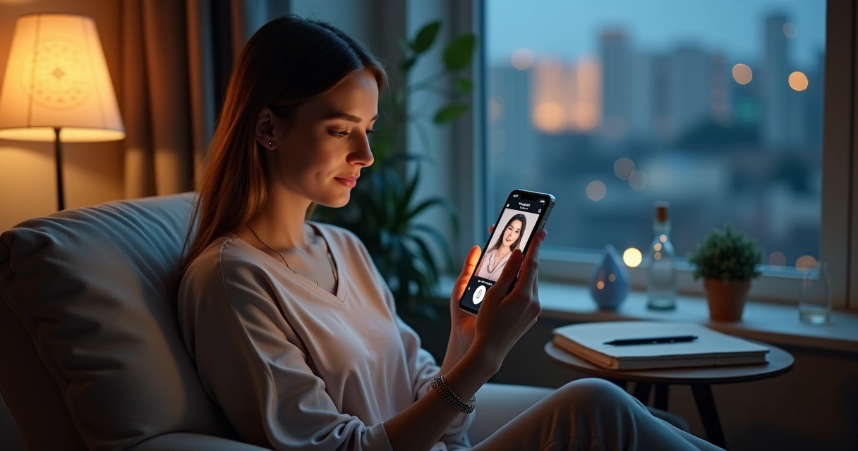 Mulher segurando celular com app esotérico em ambiente seguro e aconchegante