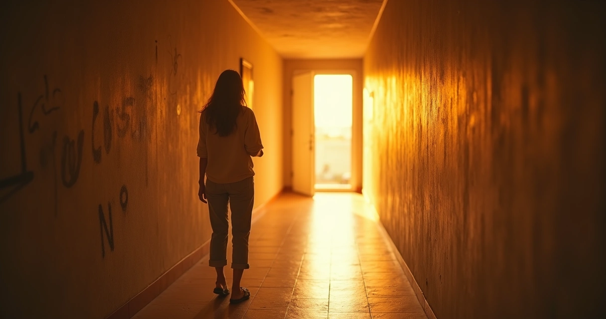 Pessoa caminhando por corredor escuro em direção a porta iluminada