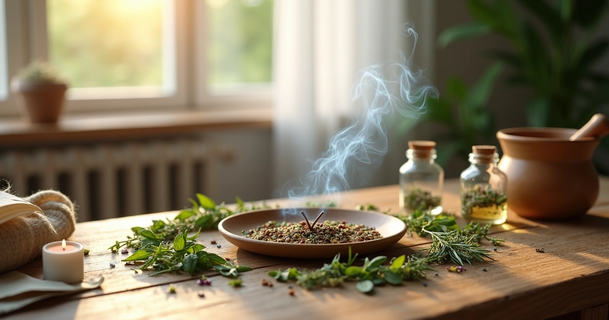 Mesa de madeira com incenso caseiro de ervas queimando e fumaça suave em ambiente iluminado