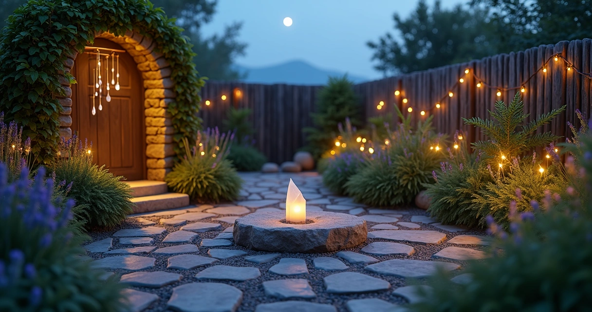 Jardim esotérico com círculo de pedras, plantas e pequenas luzes ao anoitecer