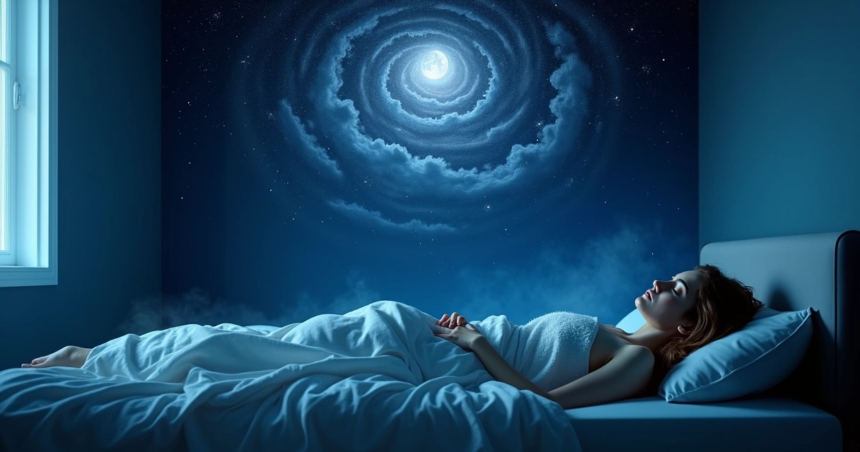 Jovem deitada na cama olhando para céu noturno com simbolismo de sonhos acima dela