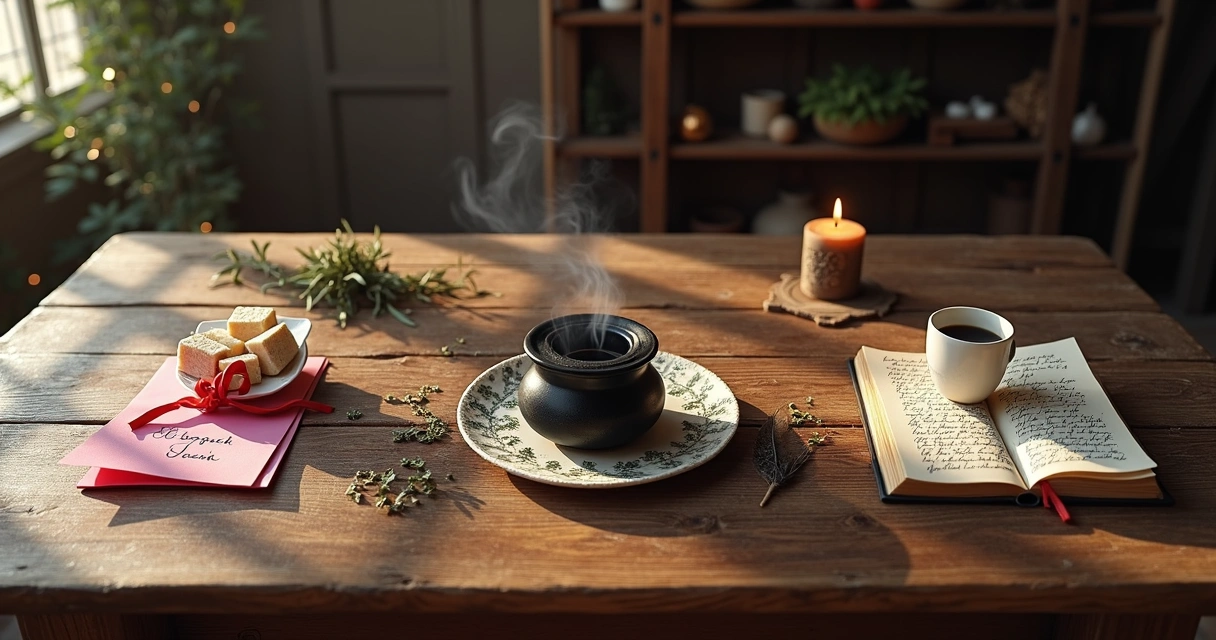 Mesa com três espaços separados mostrando simpatia feitiço e ritual lado a lado
