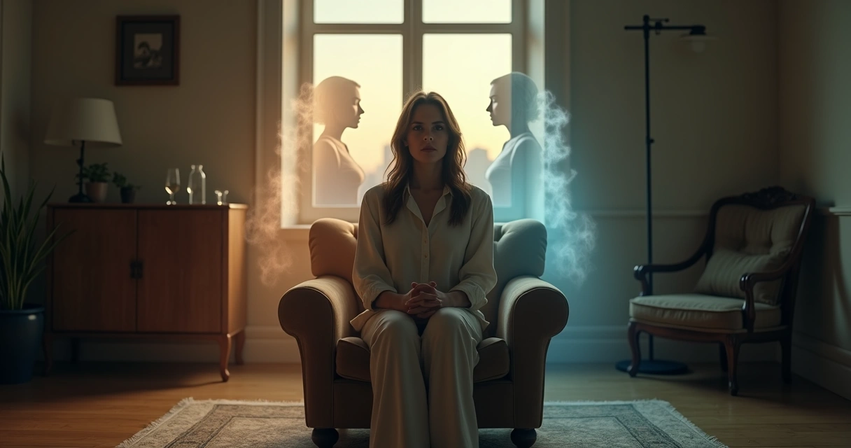 Mulher com duas auras contrastantes em sala antiga simbolizando mundo interno e espiritual
