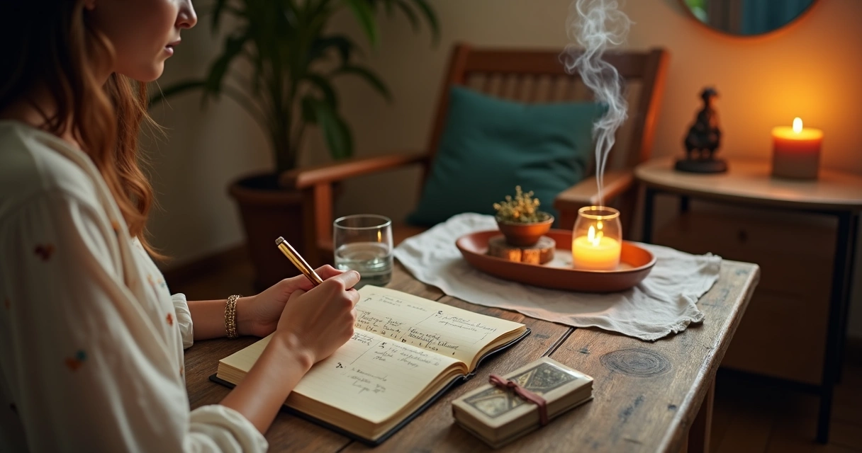 Pessoa escrevendo perguntas em caderno antes de consulta espiritual em ambiente sereno