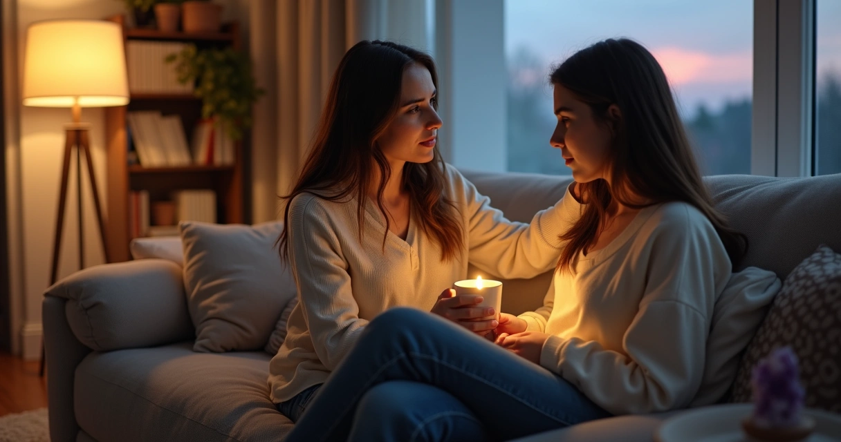Mulher visualizando campo de energia dourada enquanto conforta amiga sentada no sofá
