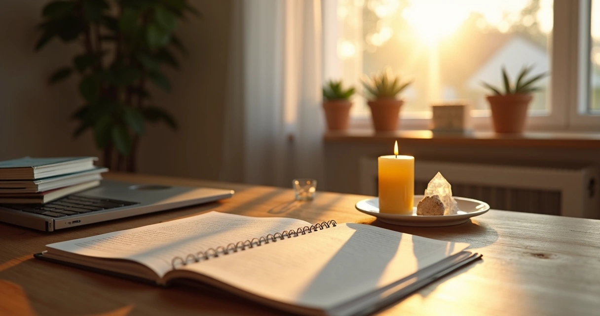 Mesa de estudos com vela acesa, cristais e livros abertos ao amanhecer