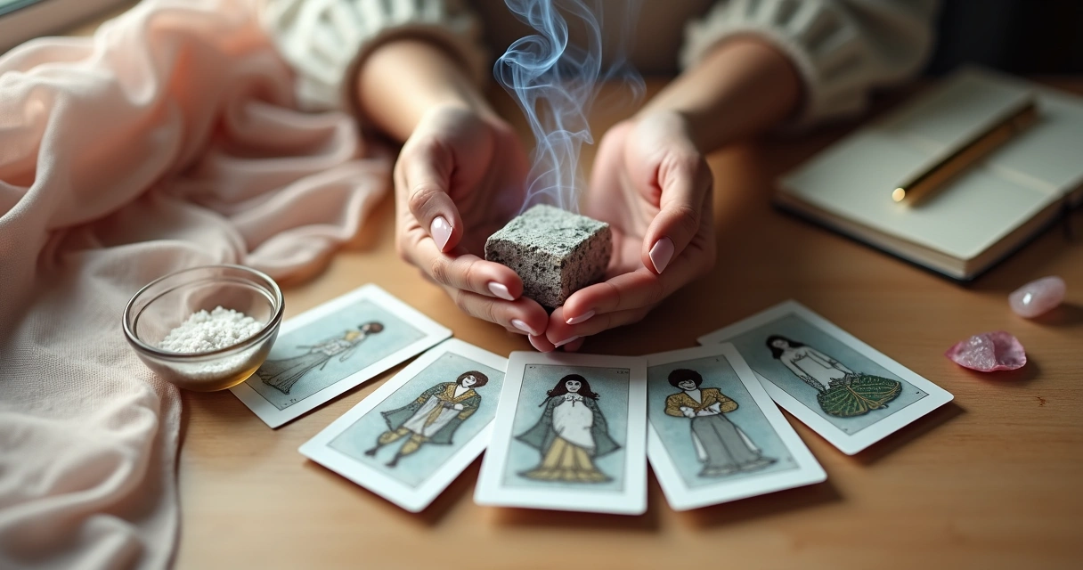 Mãos femininas limpando baralho de tarot com fumaça de incenso em mesa de madeira clara