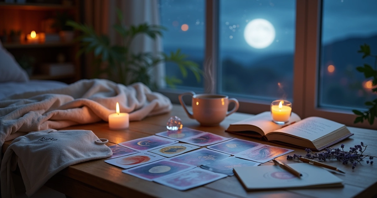 Mesa com oráculo, caderno e elementos de autocuidado feminino iluminados por lua cheia na janela