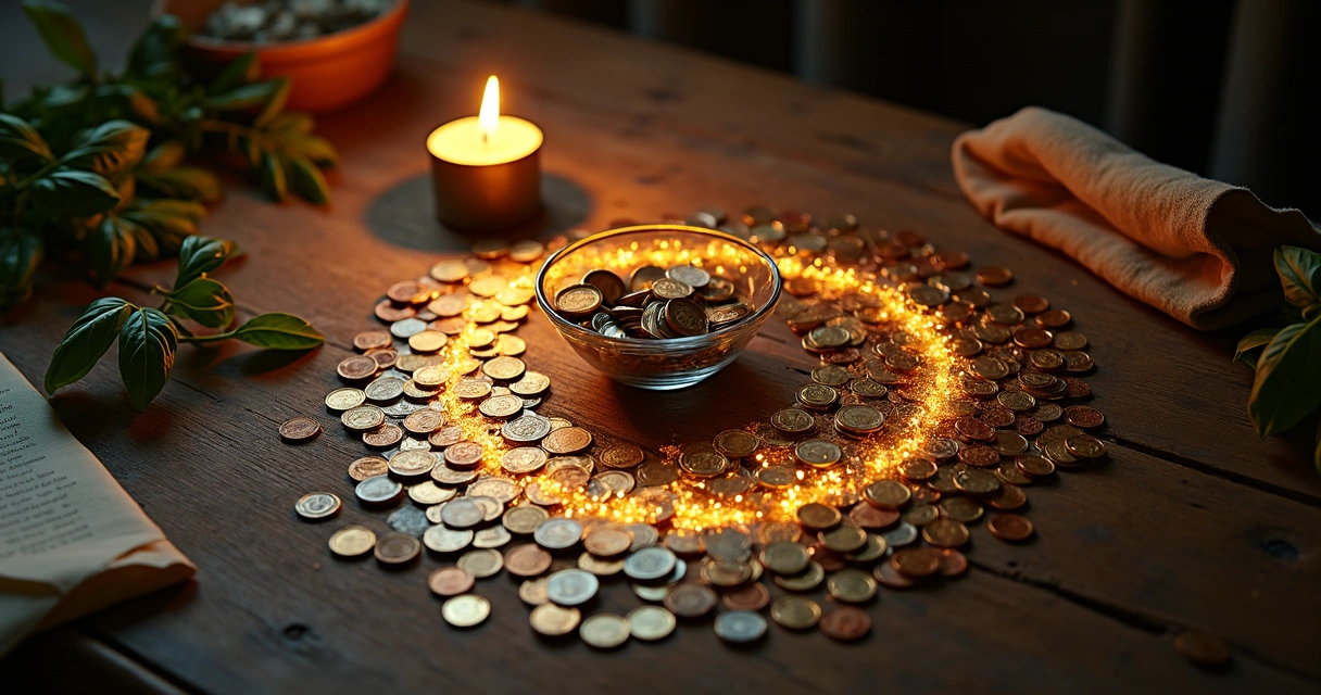 Moedas alinhadas em espiral sobre mesa com luz dourada simbolizando prosperidade