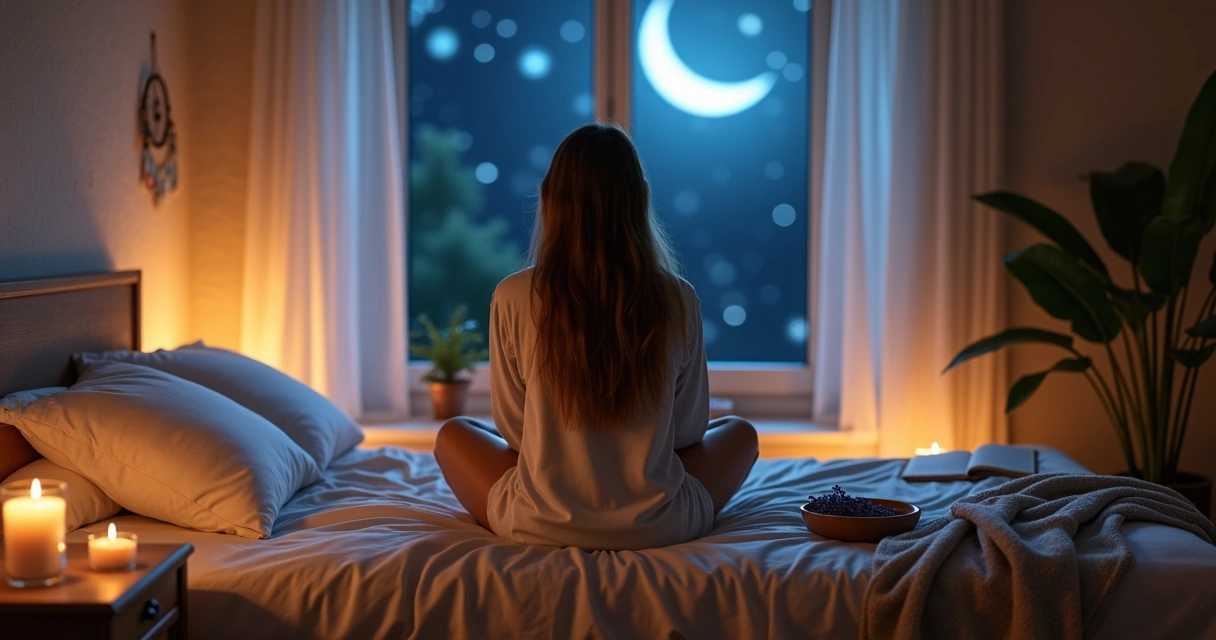 Quarto escuro com mulher sentada na cama cercada por velas e luz azulada suave