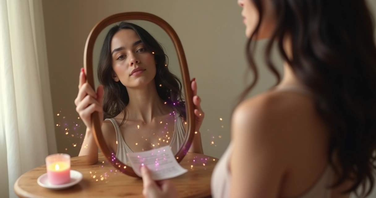 Mulher segura espelho com sinais de inveja se transformando em luz colorida