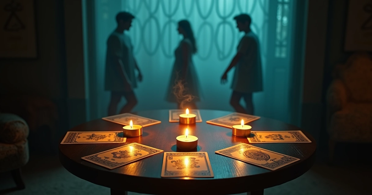 Cartas de tarot dispostas em círculo sobre mesa escura com sombra repetida de uma mesma pessoa ao fundo