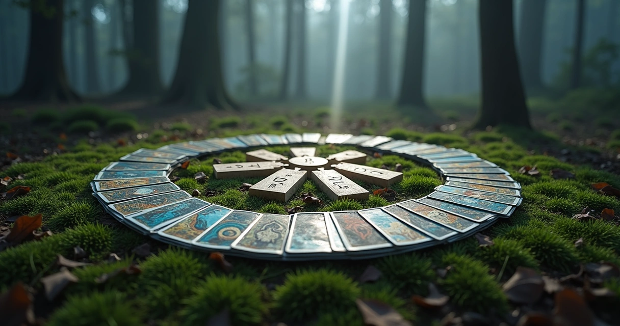 Cartas de tarot e runas alinhadas em clareira de floresta com névoa