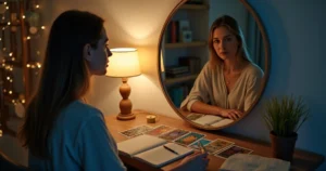 Mulher observa reflexão fragmentada em espelho enquanto segura cartas de tarot